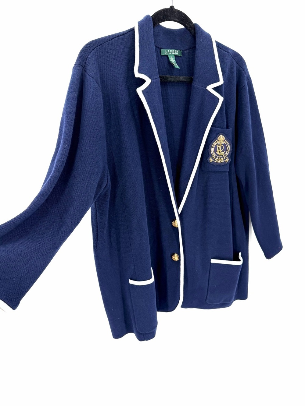 Lauren Ralph Lauren Structured Collared Crest Preppy Navy Button Blazer Sweater - Picture 2 of 5